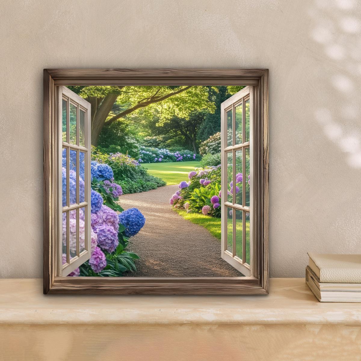LEINWANDBILD Aussicht - Garten - Fenster - Hortensie - Blumen Deko Wohnzimmer 20x20 cm - Pastellblau, Textil (20/20cm) - MuchoWow