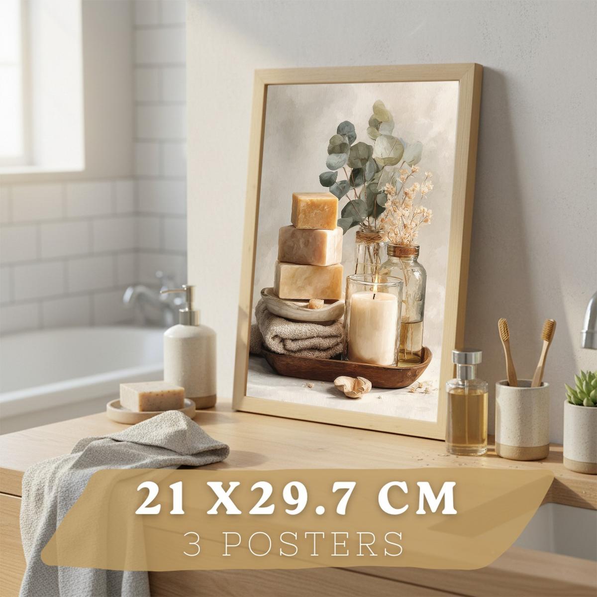 POSTER Set aus 3 Badezimmer Wandbildern und Drucke zur Dekoration für Waschbecken Dusche WC mit Kerzen Seifen und Handtüchern Leichter Holzrahmen A4 - Beige, Papier (29.7/21/3cm) - Nacnic