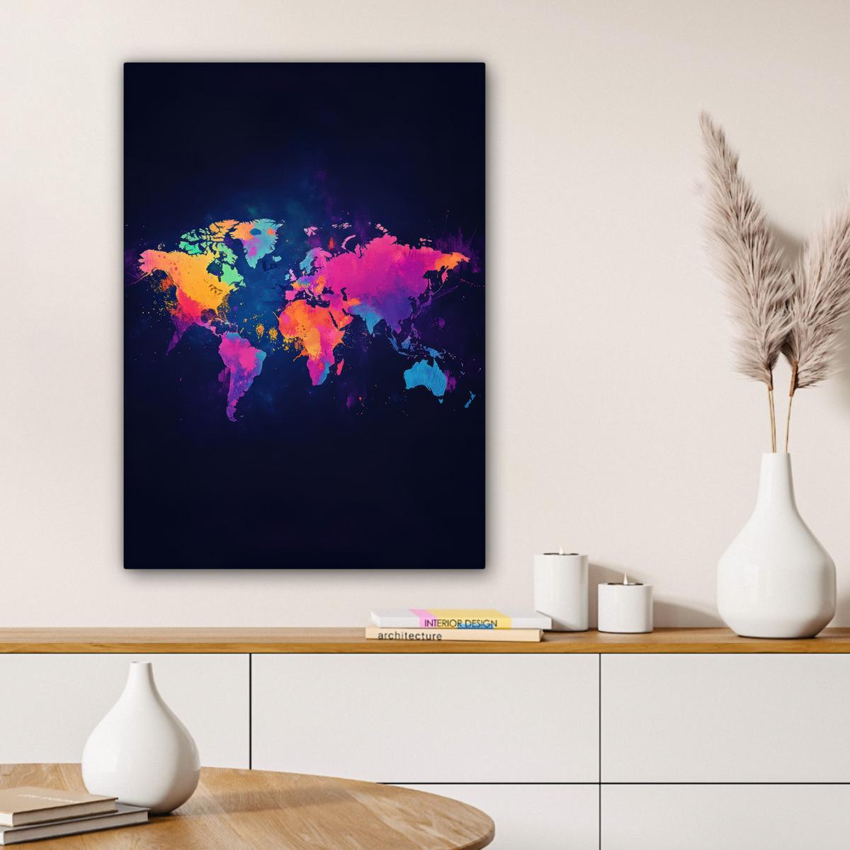 LEINWANDBILD Weltkarte - Bunt - Graffiti Wandbild Wohnzimmer 60x80 cm - Multicolor, Textil (60/80cm) - MuchoWow