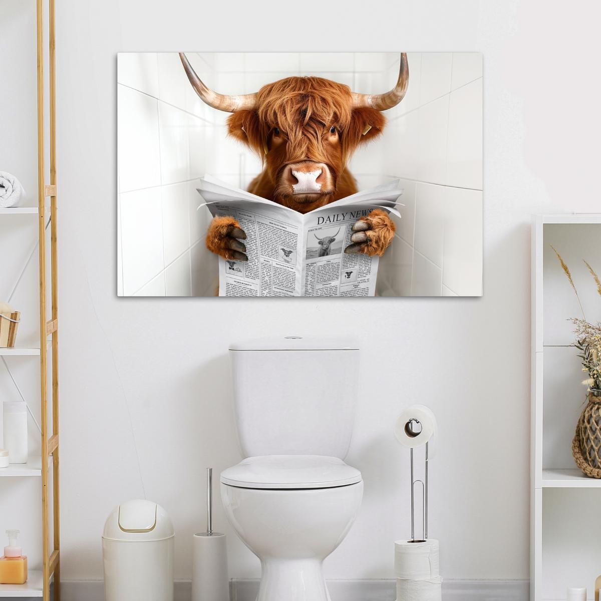 LEINWANDBILD Schottischer Highlander - Tier - Zeitung - Toilette Wohnzimmer Groß 120x80 cm - Kastanienfarben, Textil (120/80cm) - MuchoWow