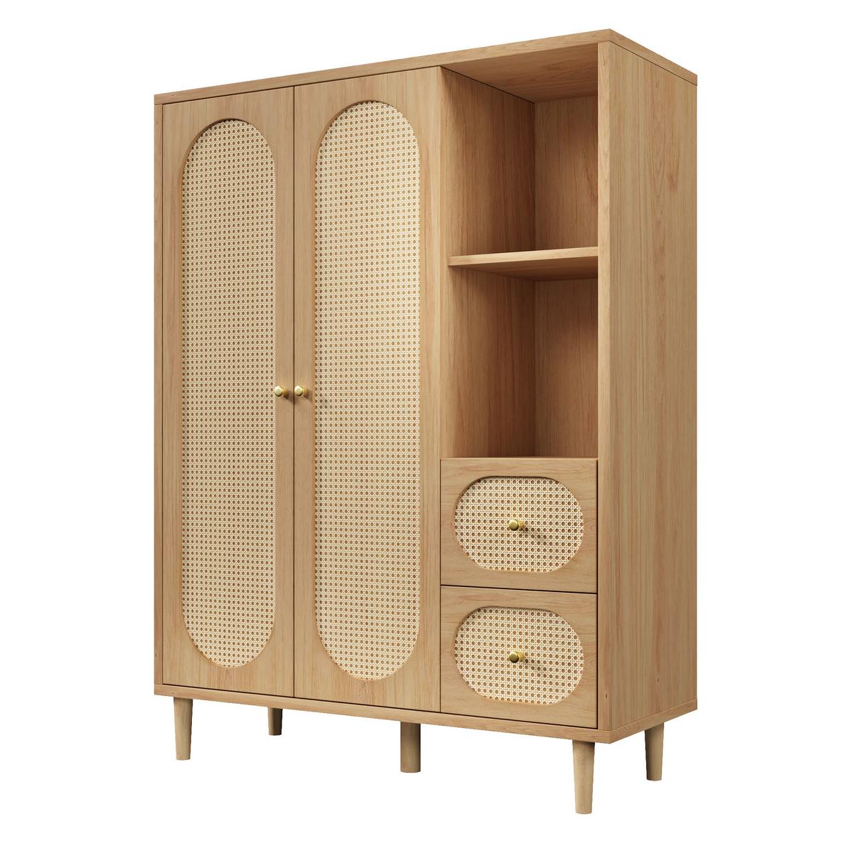 KLEIDERSCHRANK in Eichenoptik mit Rattan-Dekor, offenen Regalen und 2 Schubladen - Eichefarben, Holz (120/161/44cm) - Urban Meuble