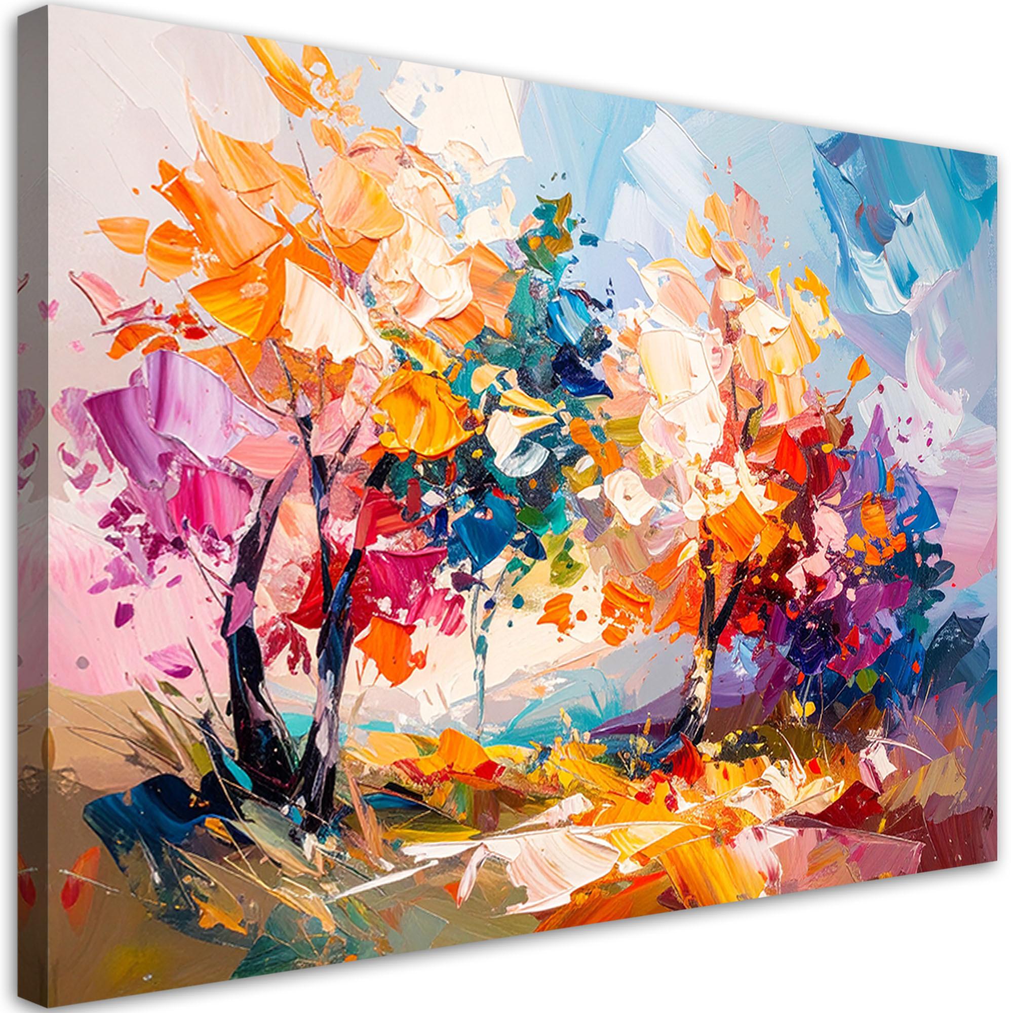 LEINWANDBILD Bunte Landschaft Bäume Wald Ölfarbe-Imitation 100x70cm - Multicolor, Textil (100/70cm) - Feeby