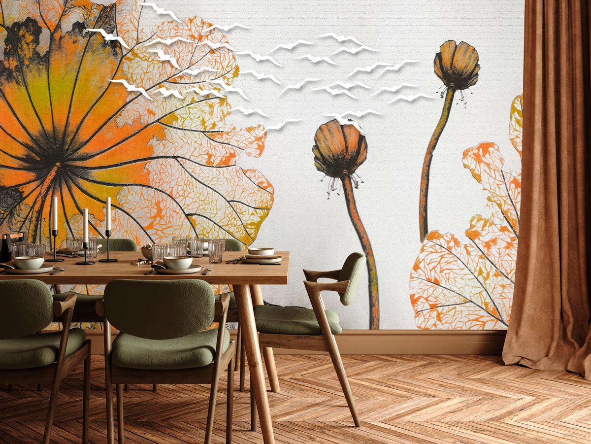 FOTOTAPETE für Esszimmer Große Abstrakte Orange Blumen Blätter 400x280 - Gelb/Orange, Papier (400/280cm) - Muralo