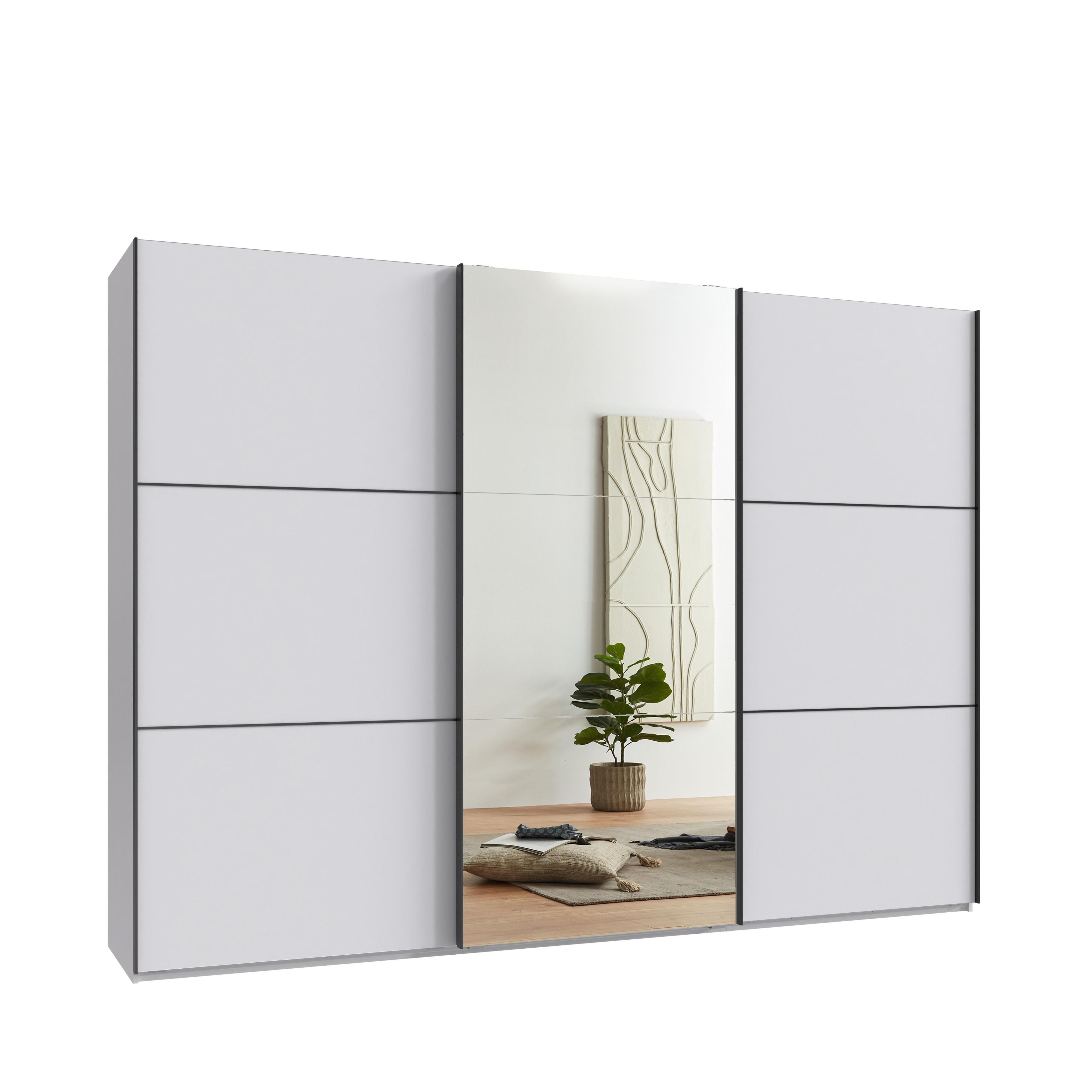 SCHWEBETÜRENSCHRANK 3-türig B300/H216/T65 cm in Weiß, eine Spiegeltür, Kleiderschrank inkl. Vollausstattung / 22019 - Rot/Weiß, Holzwerkstoff/Metall (300/216/65cm) - luma-home