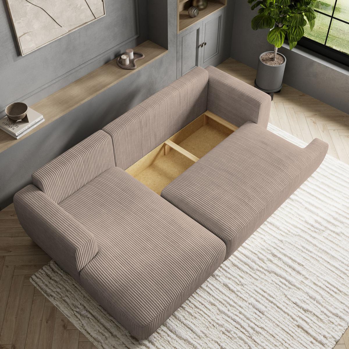 ECKSOFA SENTI P L-S Beige Kordstoff mit Schlaffunktion - Beige/Schwarz, Holz/Kunststoff (246/148cm) - MASSENO