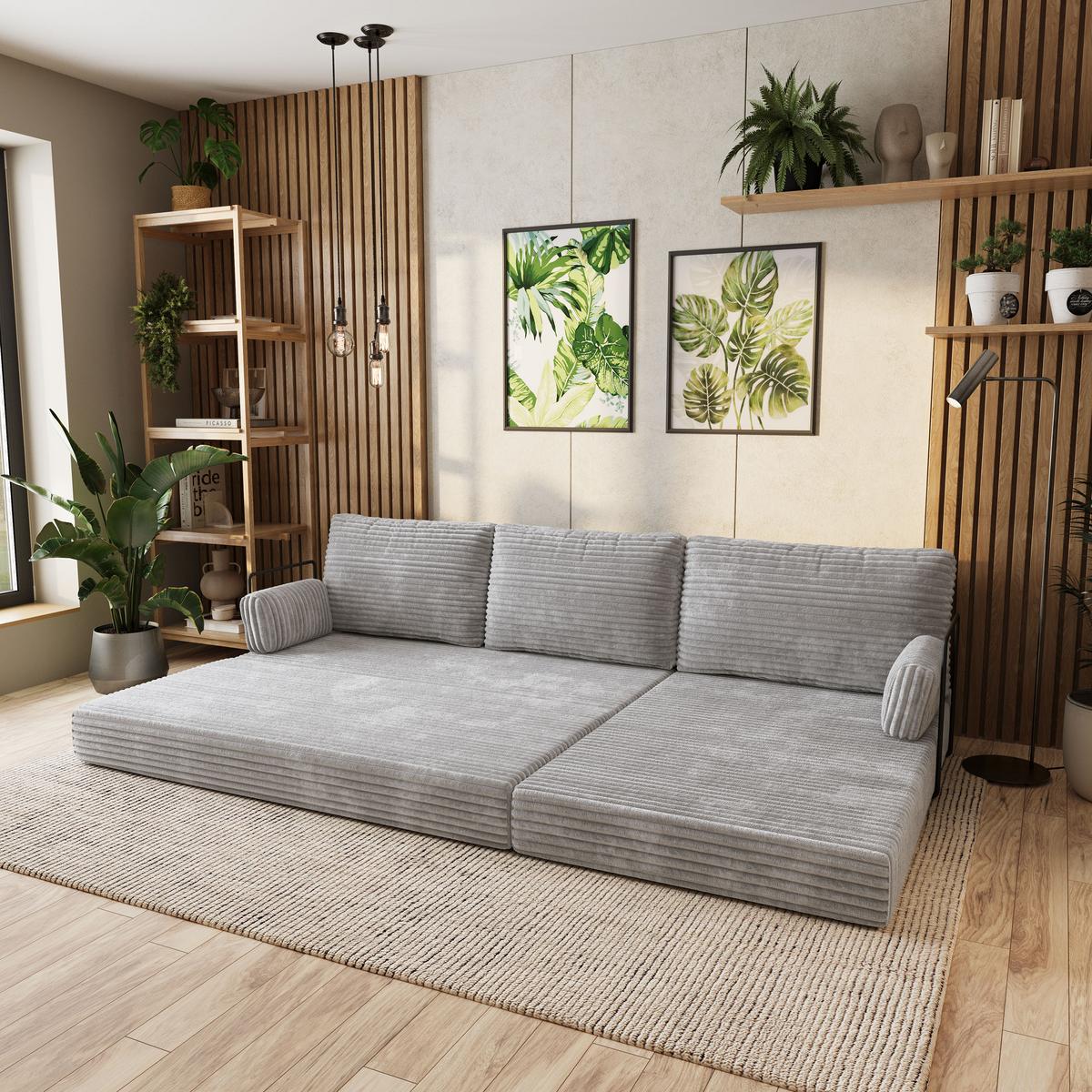ECKSOFA ANKO modulares Boneless Sofa mit Schlaffunktion Hellgrau Kordstoff - Grau, Textil (270/160cm) - MASSENO