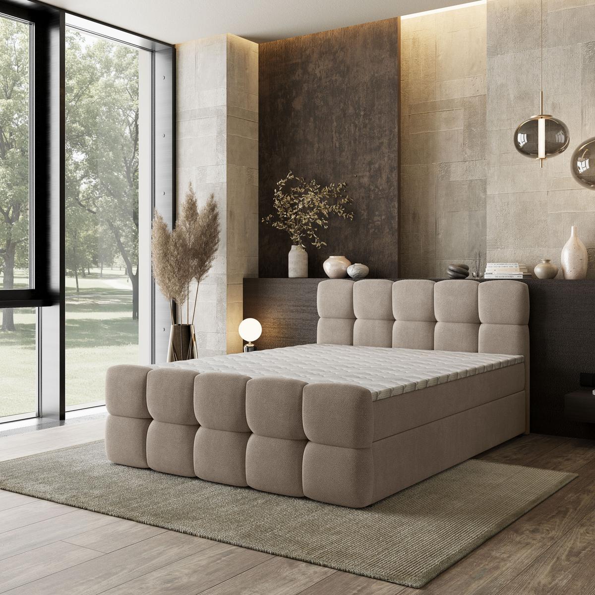 BOXBETT BRUME 200x200 cm mit Matratze und Topper, H2+H3 - Beige - Beige, Holz (200/200cm) - MASSENO