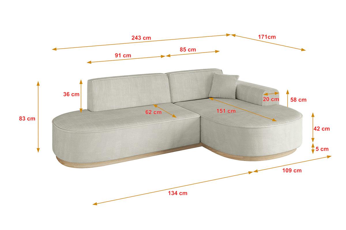 ECKSOFA Ottomane Rechts MARI-L1-v1 - 243x171x83 cm Creme Cord - Hellgrau/Creme, Holzwerkstoff/Textil (171/243cm) - ALTDECOR