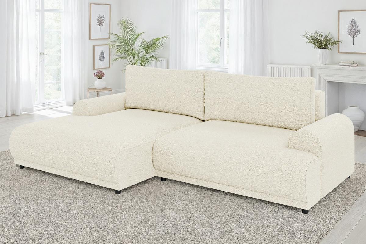 ECKSOFA mit Schlaffunktion, Bettkasten, extrabreite Ottomane links, abgerundete Armlehnen, B240/T145/H81 cm, Bezug Bouclé-Charakter Beige Creme/ 21028 - Beige/Creme, Kunststoff/Textil (240/145cm) - luma-home
