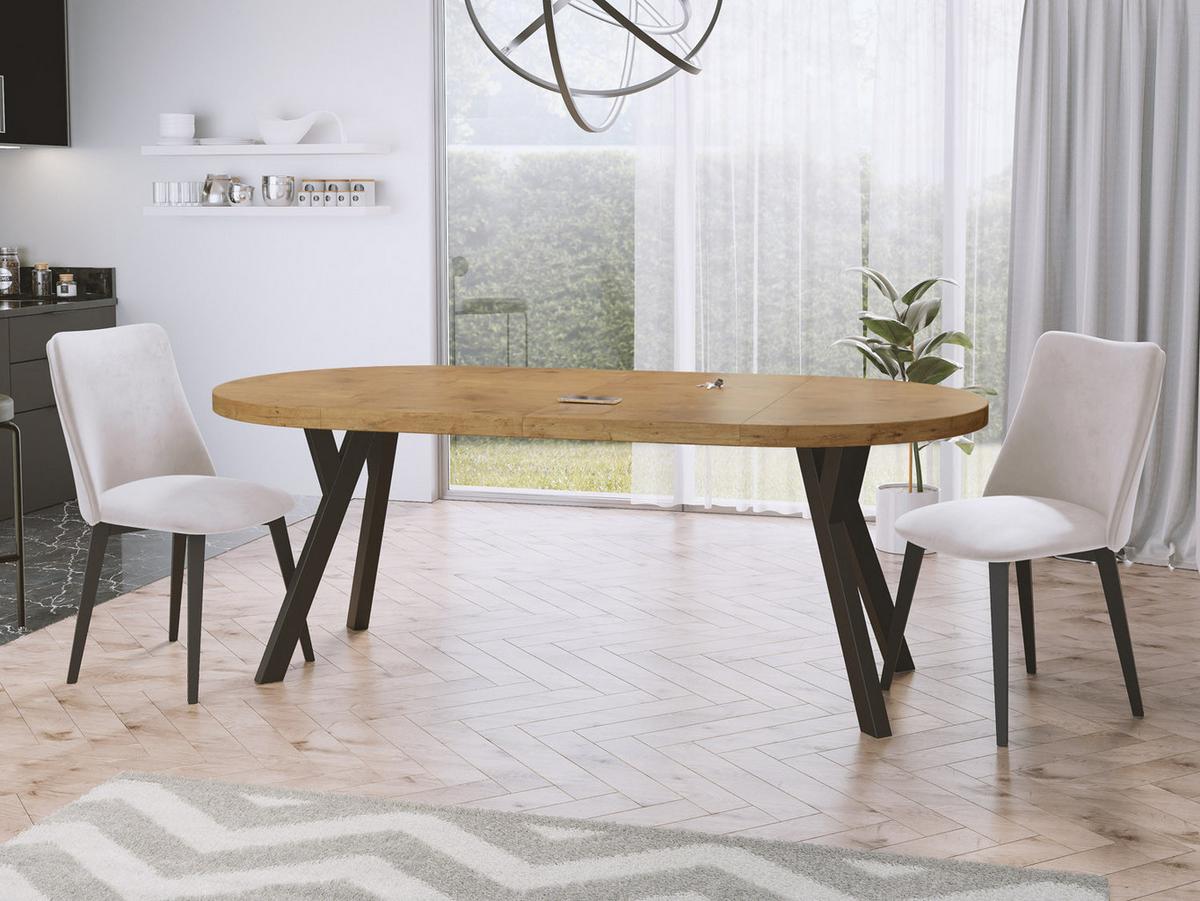 ESSTISCH Twixy runder ausziehbarer, Lancelot Eiche 100-200/100/76 cm - Eichefarben/Schwarz, Holz/Holzwerkstoff (100/200/76cm) - WFL GROUP