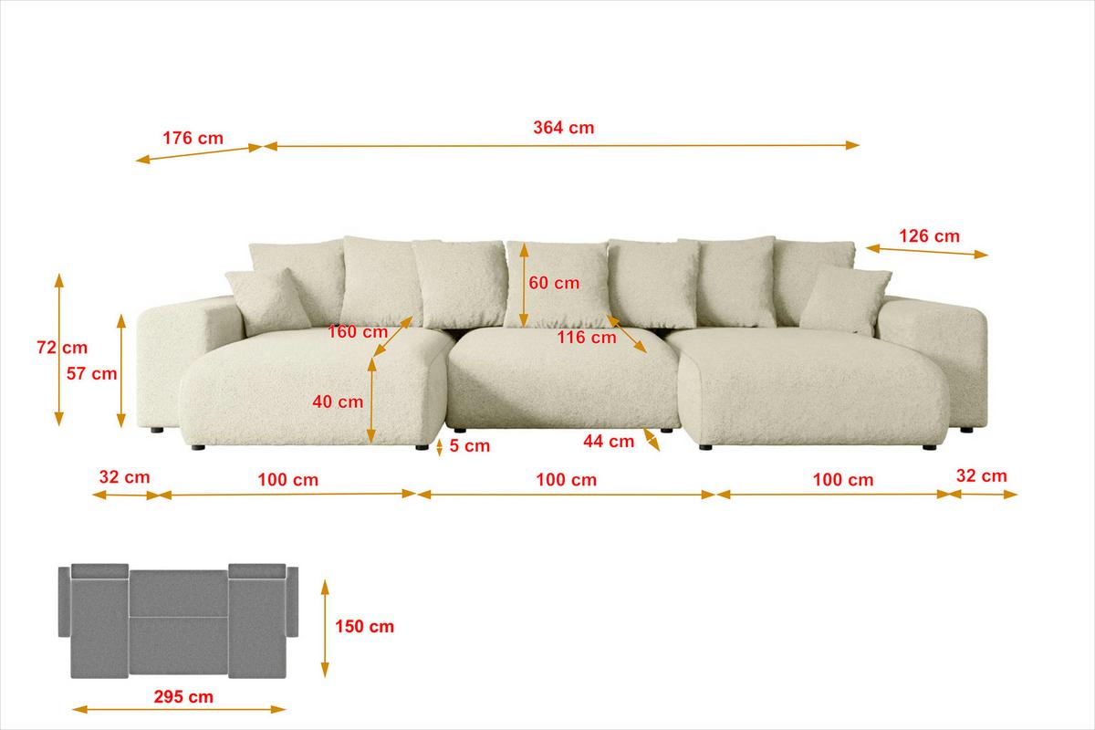 WOHNLANDSCHAFT mit Schlaffunktion ESKAR-U -364x176x72cm Beige Bouclé - Beige/Schwarz, Holzwerkstoff/Kunststoff (364/72/176cm) - ALTDECOR