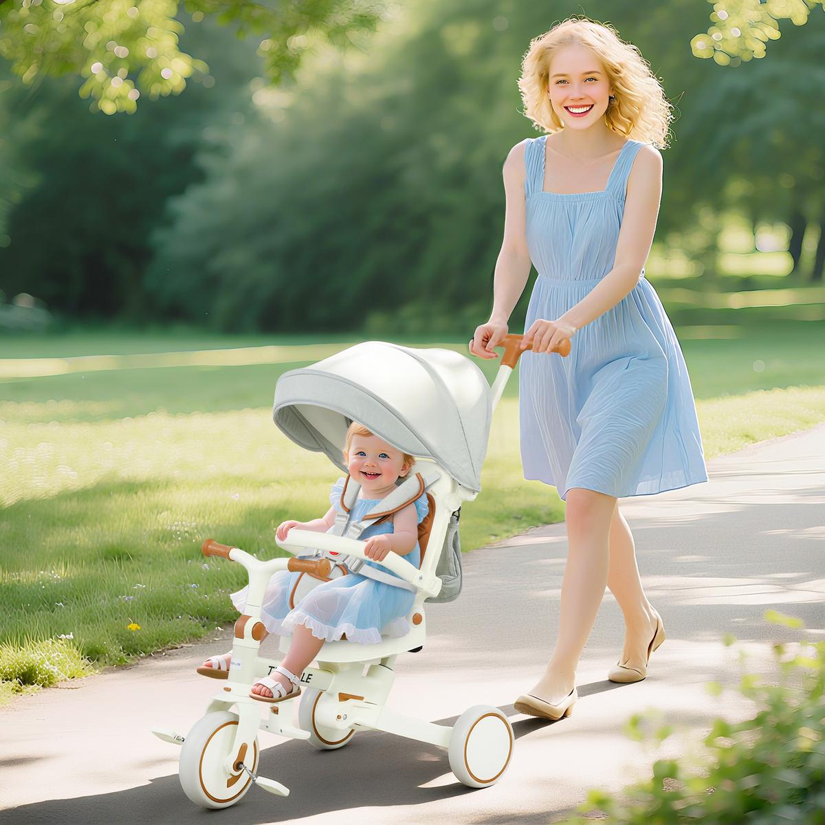 DREIRAD 5-in-1 mit Schubstange für 1-3 Jahre Faltbar mit reversiblem Sitz Creme - Creme, Metall (96.5/49/101cm) - AIYAPLAY