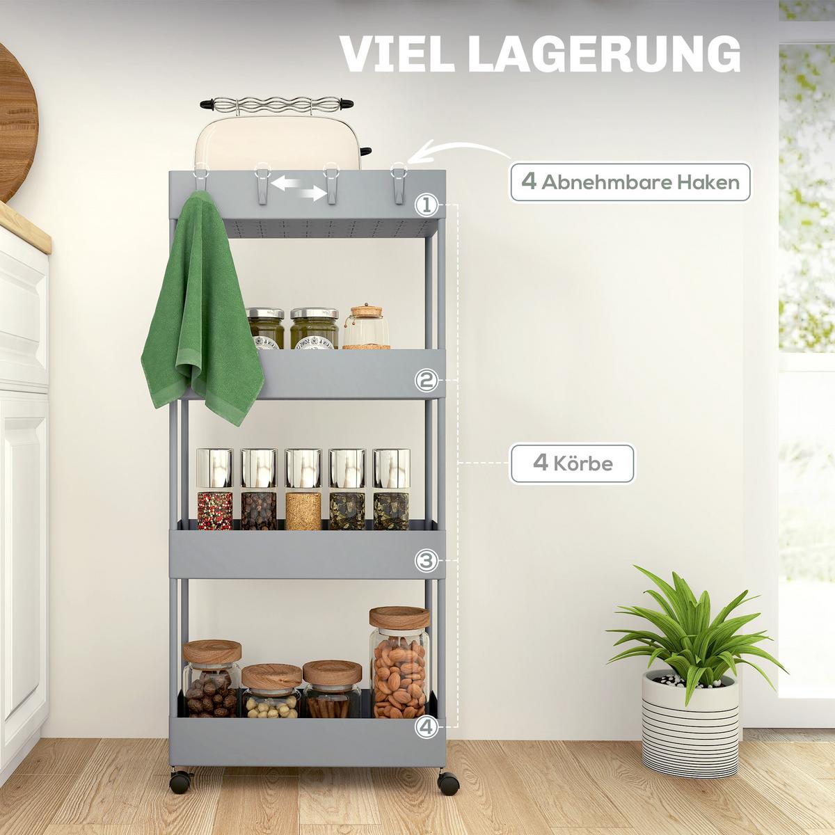 ROLLWAGEN mit 4 Ebenen, Kunststoff, Grau, 40 x 19 x 90 cm - Grau, Metall (19/90/40cm) - HOMCOM