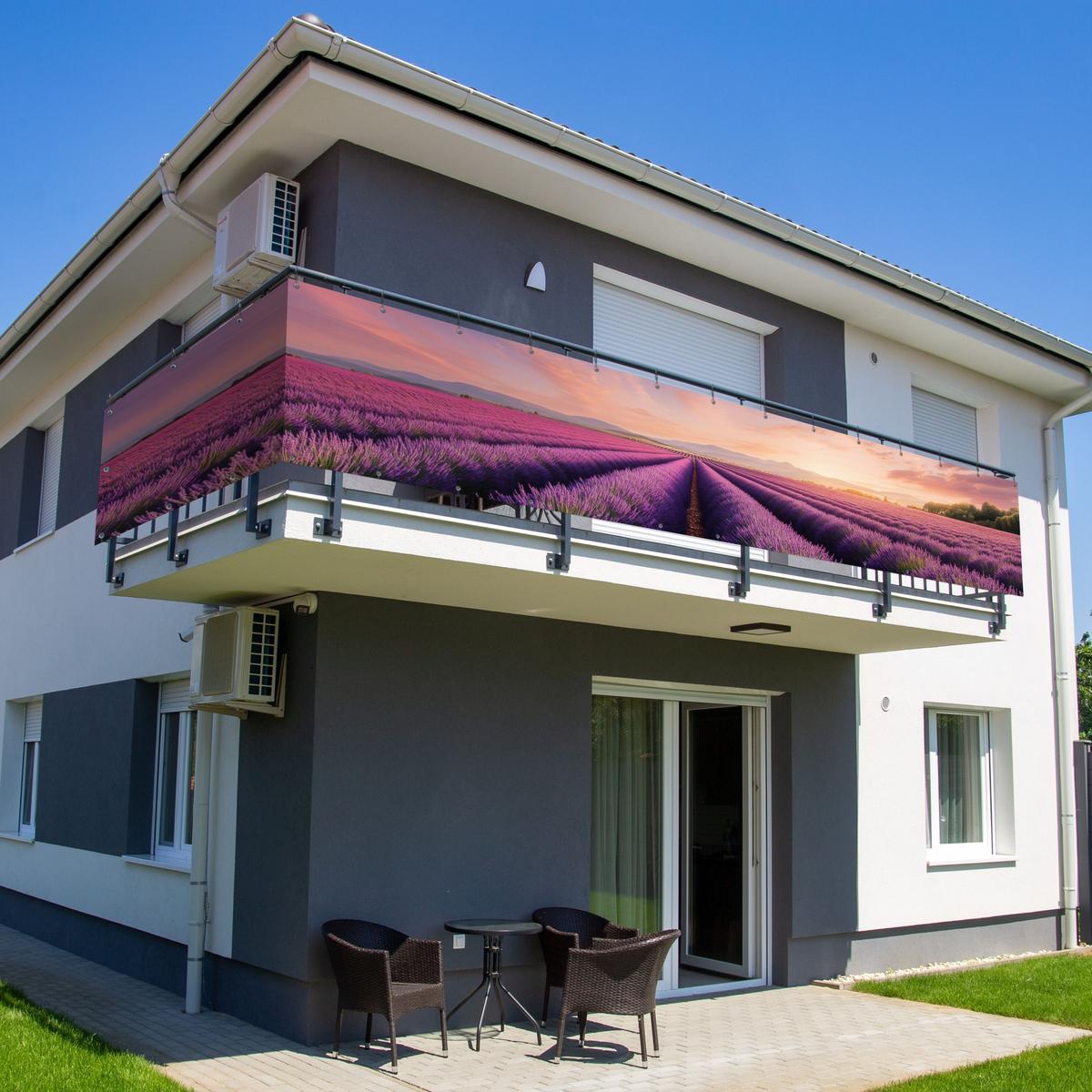 BALKON-SICHTSCHUTZ Lavendelfeld - Sonnenuntergang - Lila - Blumen Groß 500x80 cm - Violett, Kunststoff (500/80cm) - MuchoWow