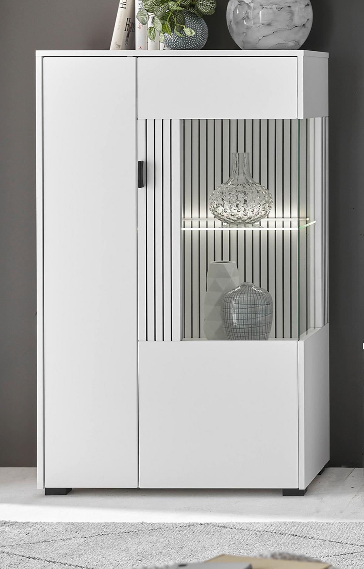 VITRINE weiß matt, Highboard 75 x 125 cm mit Soft-Close - Schwarz/Weiß, Glas/Holzwerkstoff (75/125/38cm) - Furn.Design