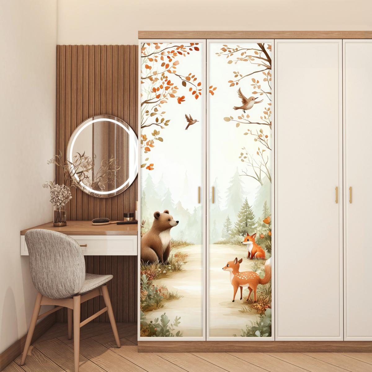 TÜRAUFKLEBER Wald - Herbst - Waldtiere - Bär - Fuchs Room Decor 85x205 cm - Türtapete - Kastanienfarben, Kunststoff (85/0.1cm) - MuchoWow
