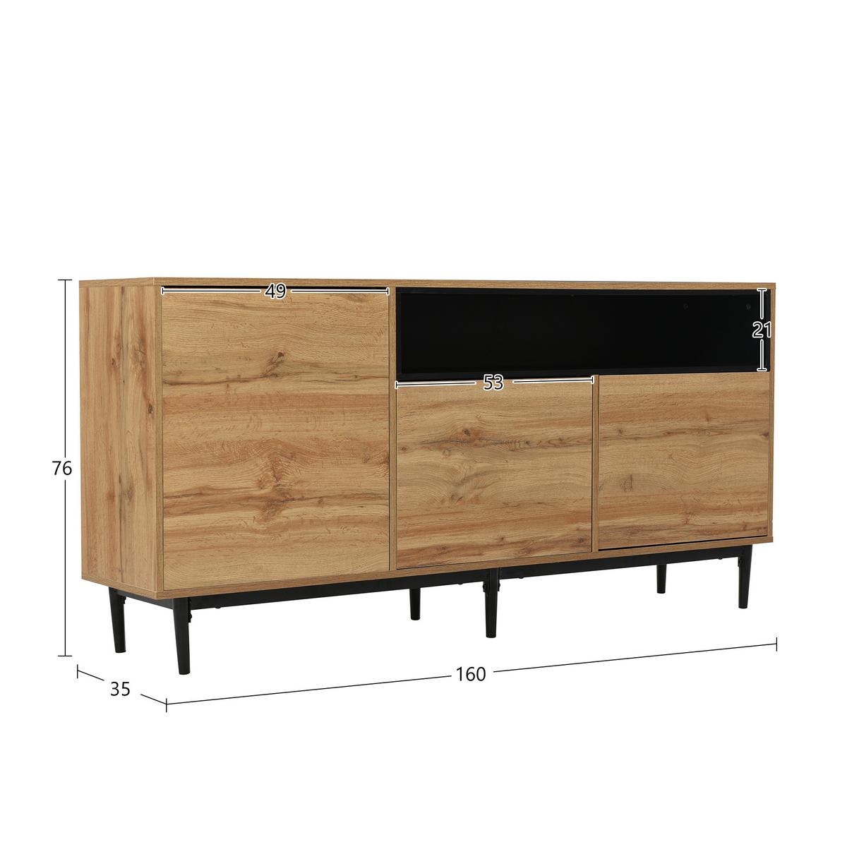 SIDEBOARD Schwarzer mit Türen und offenen Regalen, 160/35/76cm - Eichefarben, Holzwerkstoff/Metall (160/76/35cm) - Urban Meuble