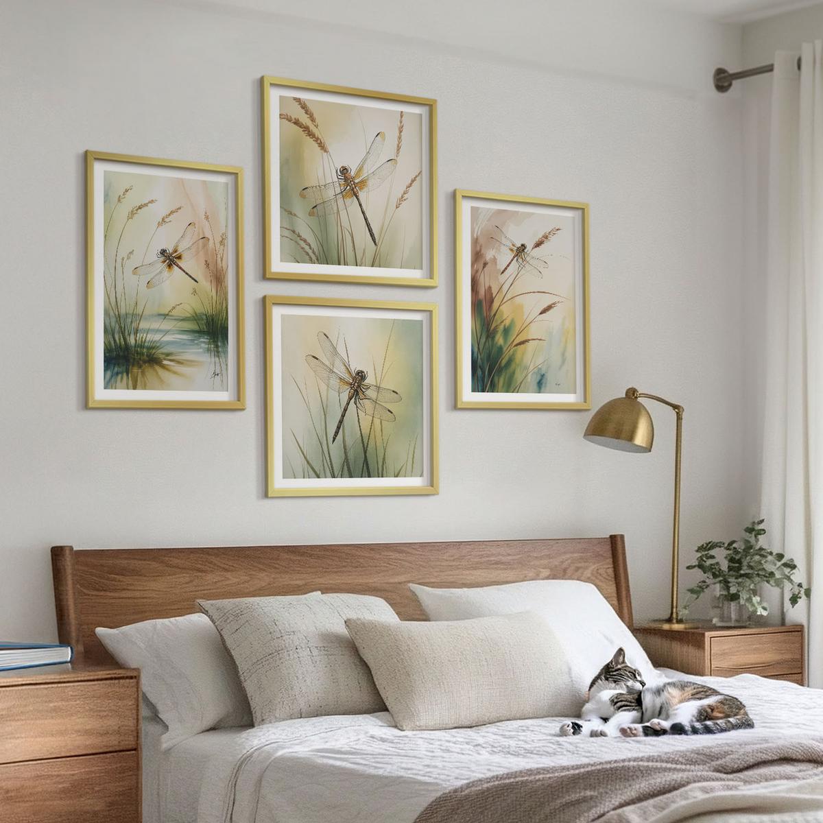BILDER SET 4er Set - 50x50 cm & 40x60 cm Goldrahmen - Libellen im Gras, Wassermalerei - Goldfarben, Kunststoff (50/50cm) - TULUP