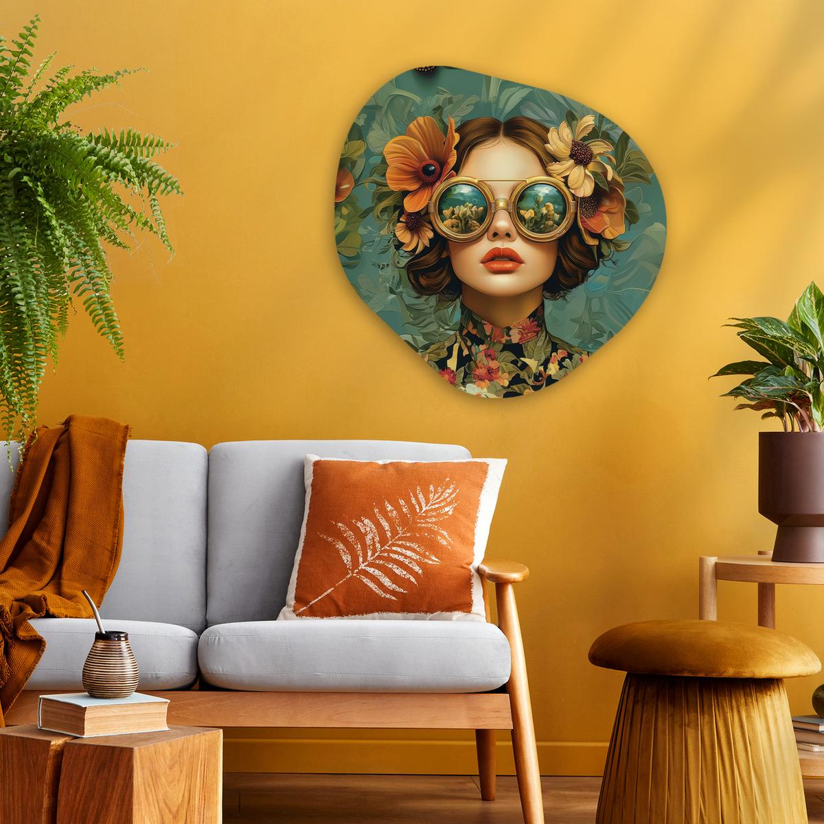 WANDBILD Frau - Blumen - Schmetterlinge - Natur - Vintage Wandbild 60x60 cm - Petrol, Kunststoff (60/60cm) - MuchoWow