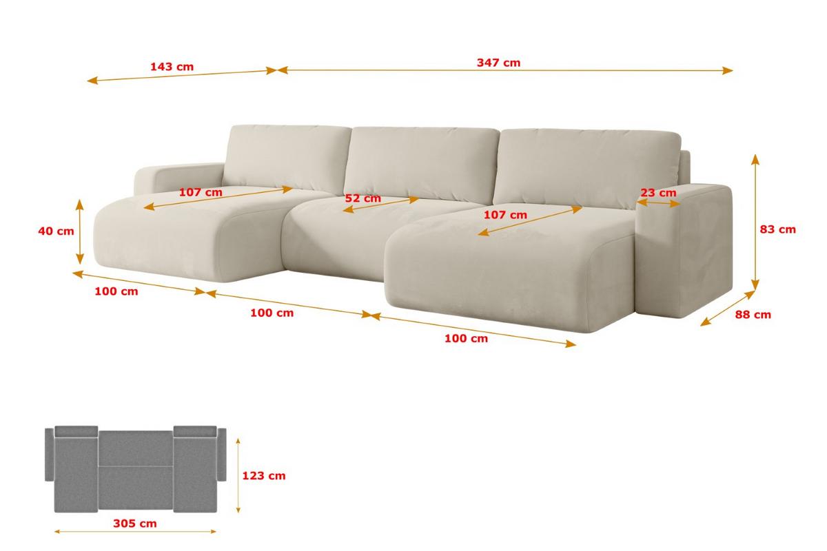 WOHNLANDSCHAFT mit Schlaffunktion und Bettkasten KLEEA-U - 347x143x83 cm Beige Velours - Beige/Creme, Holzwerkstoff/Kunststoff (347/83/143cm) - ALTDECOR