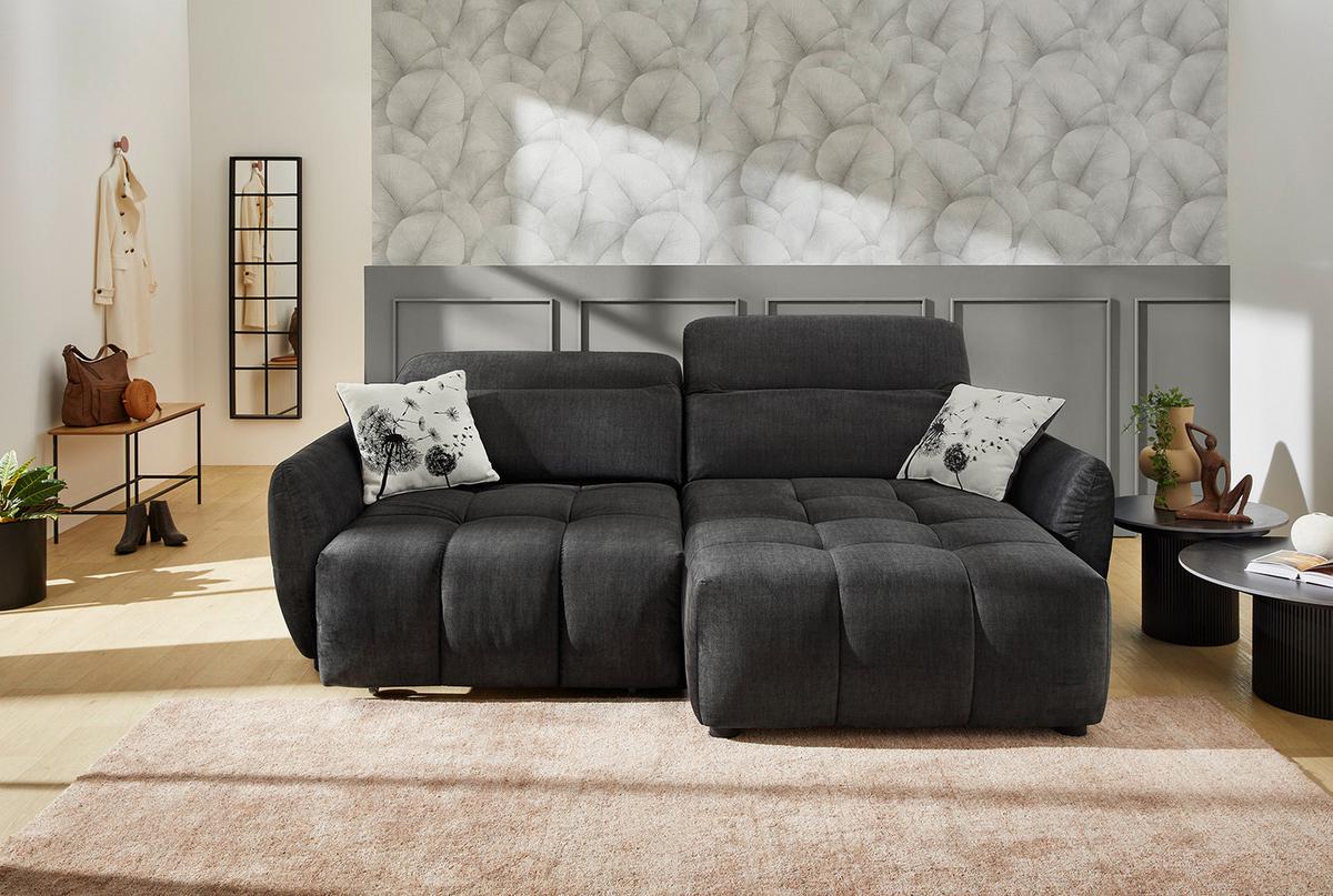 ECKSOFA mit elektrischer Sitztiefenverstellung, Kopflehnen verstellbar, USB-C und -A Ladefunktion B260/T191/H106 cm, Velours Anthrazit Schwarz / 15406 - Multicolor/Schwarz, Kunststoff/Textil (260/191cm) - luma-home
