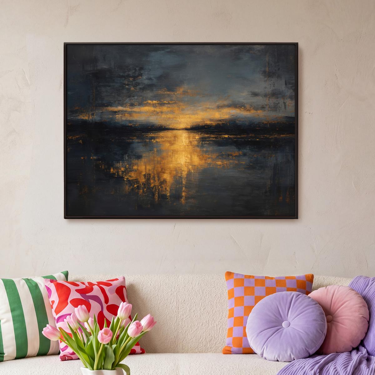 LEINWAND Bilder mit Rahmen - Goldene Reflexion auf dem Wasser - 100x70 - Anthrazit, Textil (100/70cm) - MuchoWow
