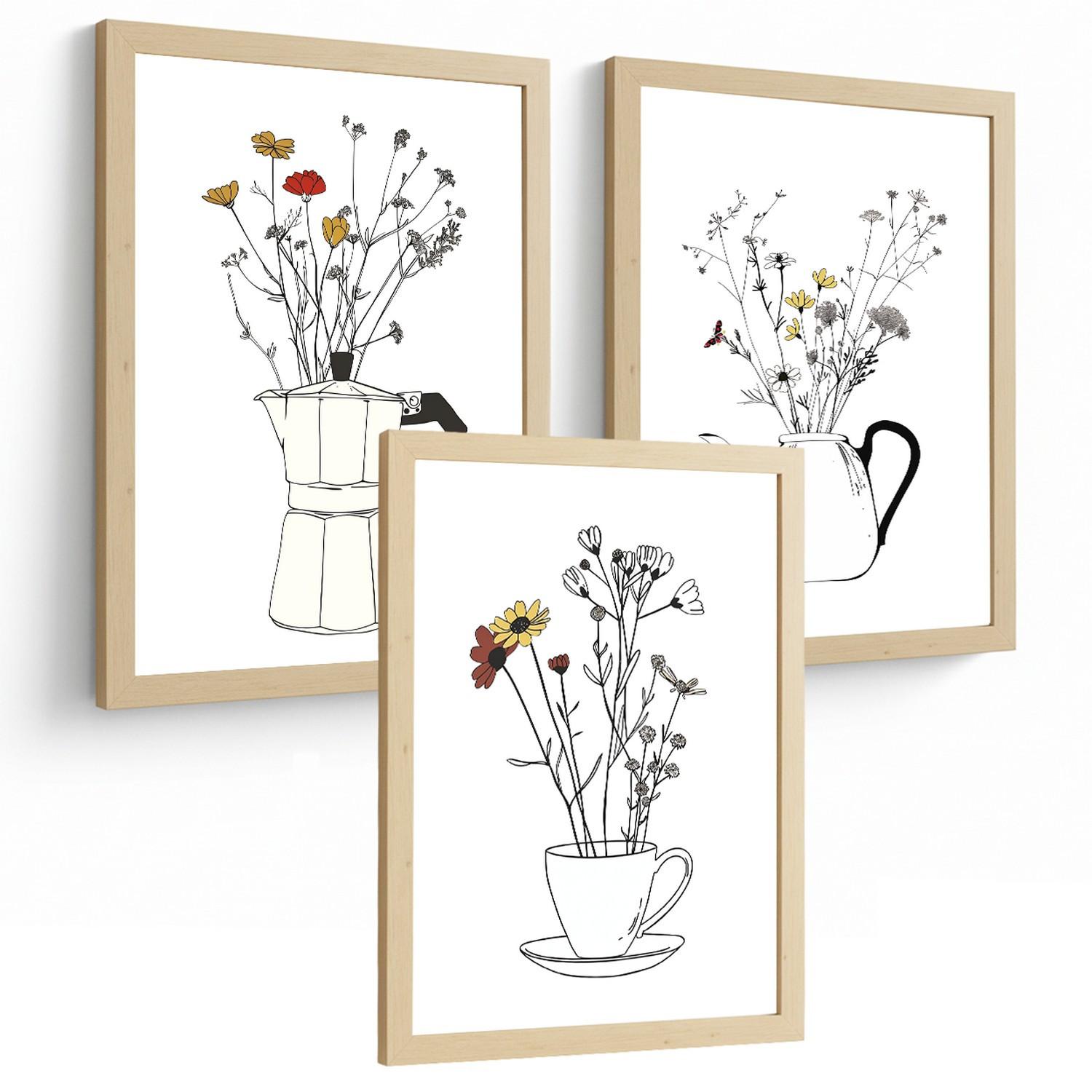 POSTER 3er Set Blumen in Kaffeekanne Wandbilder Mokkakanne Teekanne Tasse Strichzeichnung Küche Deko Leichter Holzrahmen A4 - Beige, Papier (29.7/1/21cm) - Nacnic
