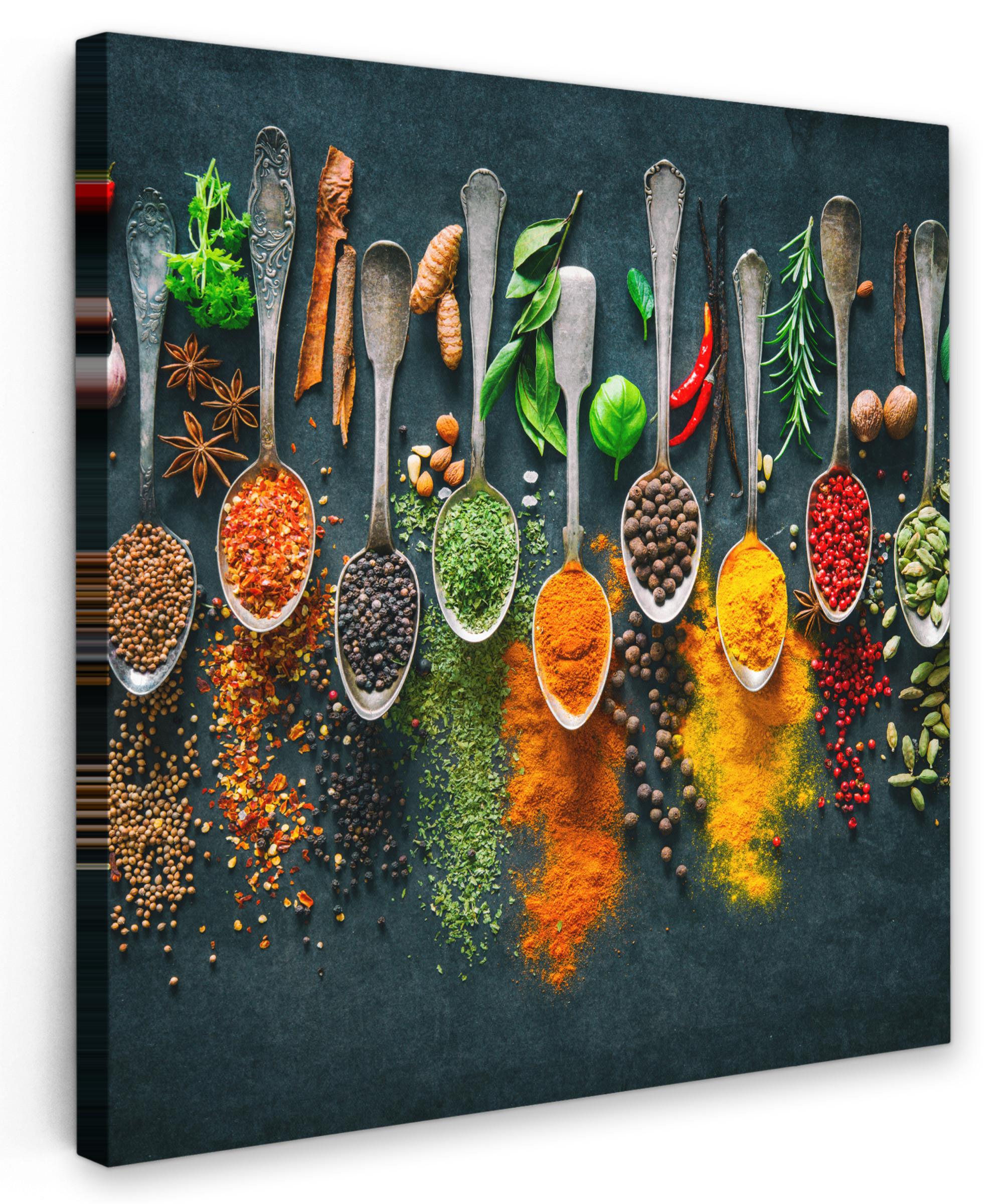 LEINWANDBILD Kräuter - Gewürze - Löffel Wandbild Wohnzimmer 50x50 cm - Currygelb, Textil (50/50cm) - MuchoWow