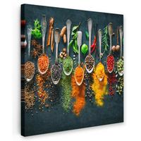 LEINWANDBILD Kräuter - Gewürze - Löffel Deko Groß 90x90 cm - Currygelb, Textil (90/90cm) - MuchoWow