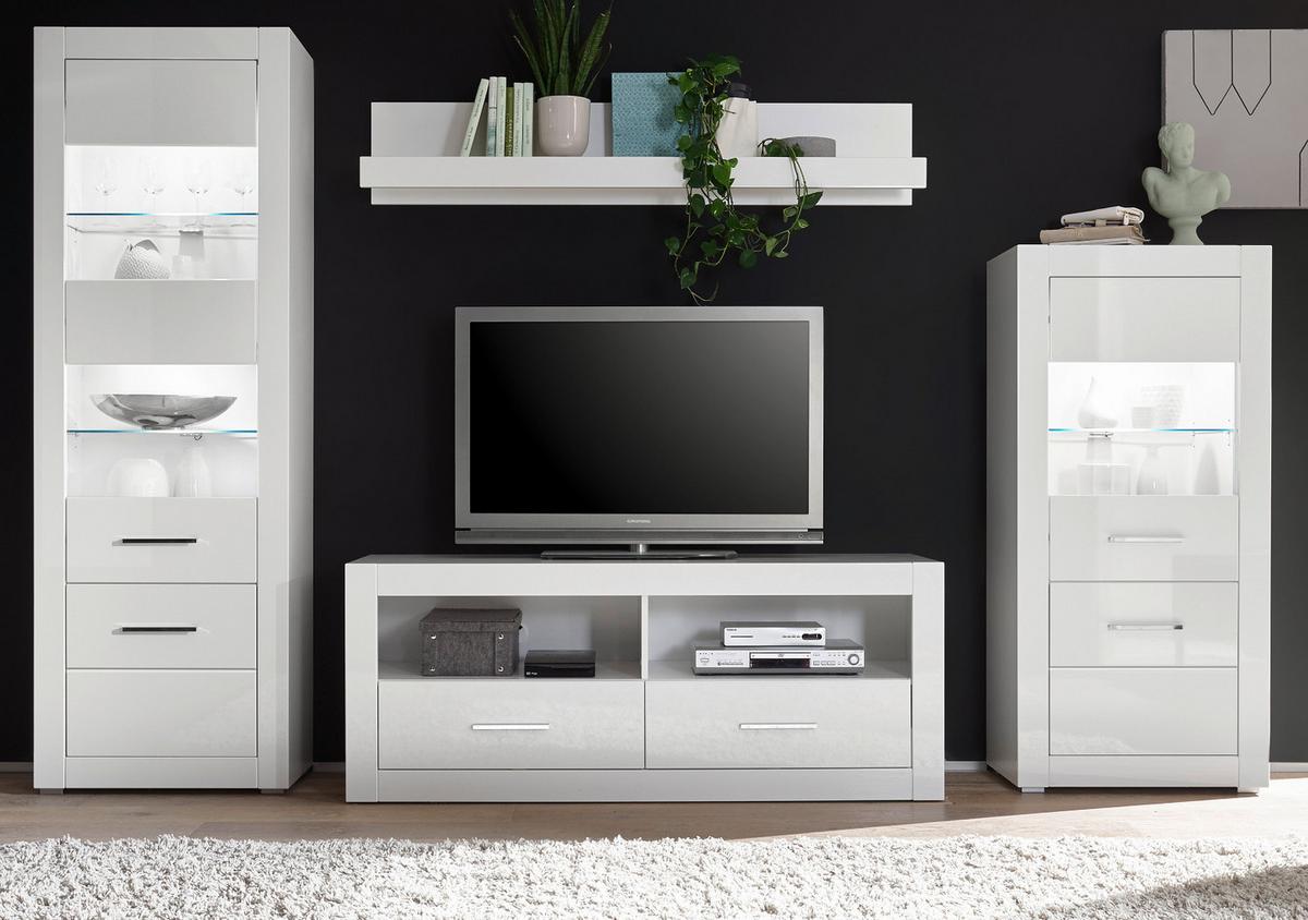 WOHNWAND weiß Hochglanz, Wohnkombination 4-teilig 300 x 198 cm - Chromfarben/Weiß Hochglanz, Glas/Holzwerkstoff (300/198/45cm) - Furn.Design