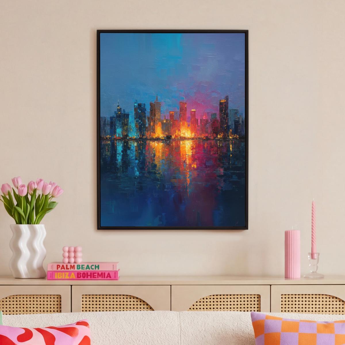 LEINWAND Bilder mit Rahmen - Skyline - Pinselstriche - Dunkelblau - Leuchtend - 70x100 - Blau, Textil (70/100cm) - MuchoWow