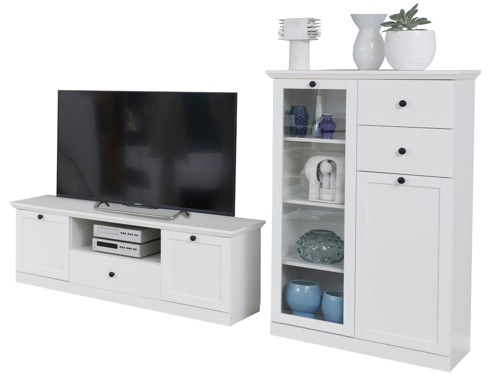 WOHNWAND 2-teilig in weiß 235 cm, Wohnkombination im Landhaus-Stil - Silberfarben/Weiß, Glas/Holzwerkstoff (41/129/235cm) - Top.Furn