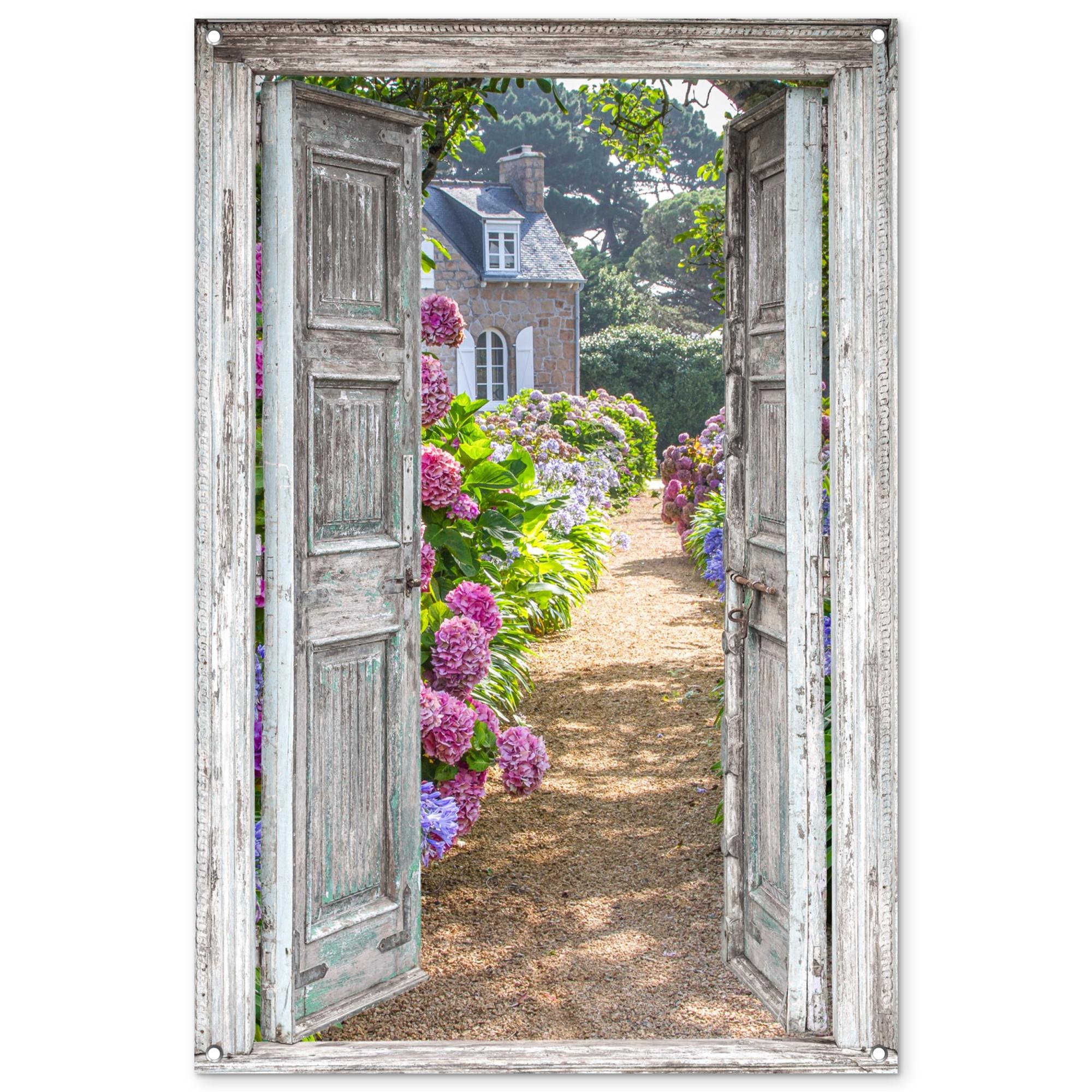 GARTENPOSTER Durchblick - Hortensie - Blumen Outdoor Bilder 80x120 cm - Hellgrau, Kunststoff (80/120/0.2cm) - OnlyWow