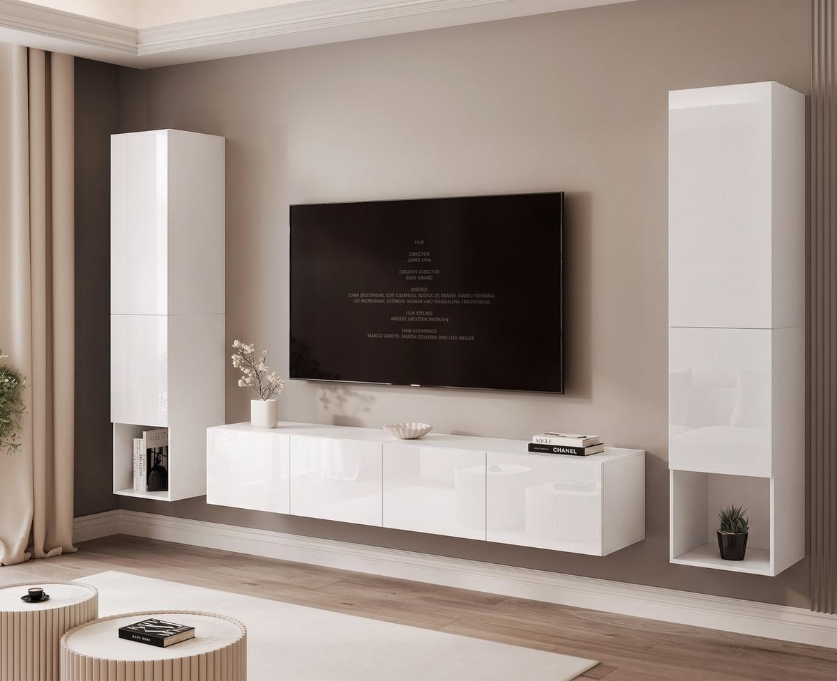 WOHNWAND ANGEL LINE II 3-teilig, mit LED-Beleuchtung, Weiß Hochglanz - Weiß Hochglanz, Holzwerkstoff (280/180/40cm) - Idohome