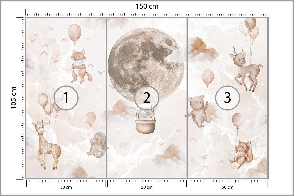 FOTOTAPETE für Kinderzimmer Mond Ballons Bär Rehkitz Giraffe Wolken 150x105 - Beige/Rosa, Papier (150/105cm) - Muralo