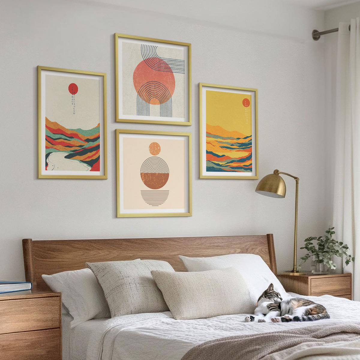 BILDER SET 4er Set - 50x50 cm & 40x60 cm Goldrahmen - Farbenfrohe Muster der Japandi-Flussberge - Goldfarben, Kunststoff (50/50cm) - TULUP