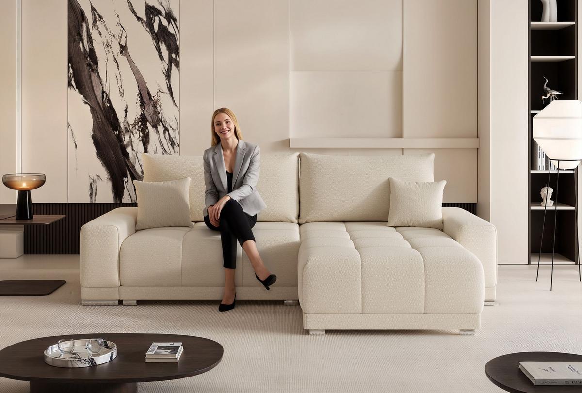 ECKSOFA TARA mit Schlaffunktion und Bettkasten Creme - Chromfarben/Creme, Kunststoff/Textil (261/178cm) - Idohome