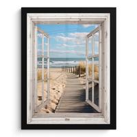 POSTER MIT RAHMEN Fenster - Meer - Küste - Natur - Ausblick - Strand - Wattenmeer Bilderrahmen 30x40 cm - Beige, Papier (30/40cm) - MuchoWow