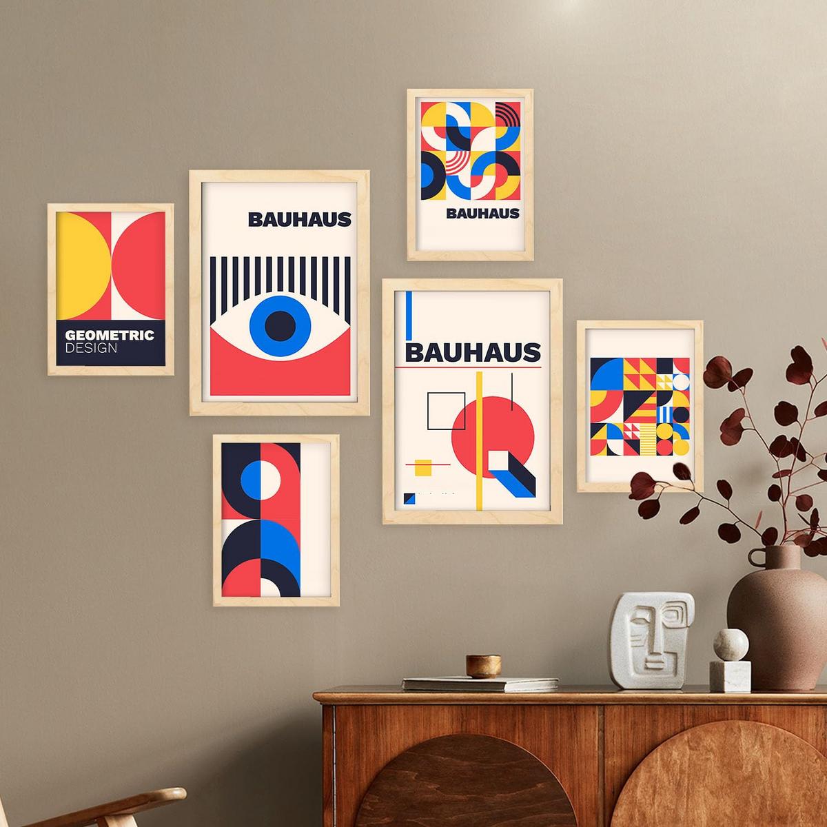 POSTER Set Mit 6 Drucken Im Bauhaus 3 Geometrische Designkollektion Drucke Mit Ästhetische Dekorative Für Zuhause A3 & A4 Rahmen Aus Hellem Holz - Beige, Papier (29/3cm) - Nacnic