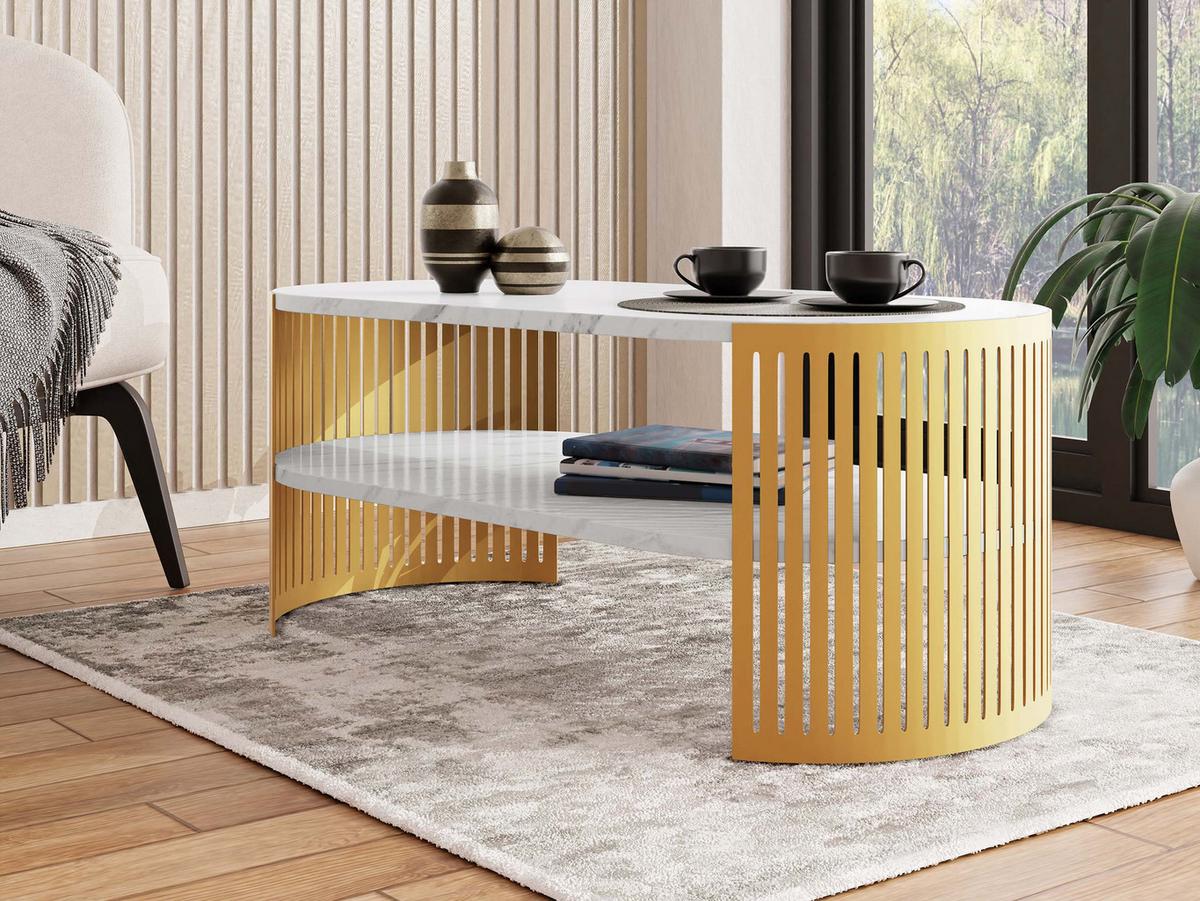 COUCHSITCH Fikoli Oval Gold I - Goldfarben/Weiß, Holzwerkstoff/Metall (100/50/40cm) - MIRJAN24