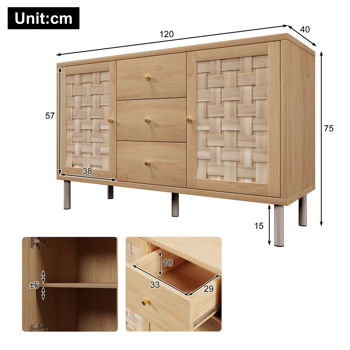 SIDEBOARD in eichenoptik mit gewebten fronten, 2 türen und 3 schubladen - Eichefarben, Holz (120/70/40cm) - Urban Meuble