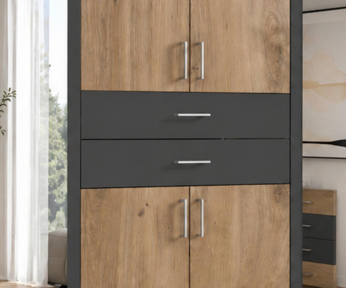 DREHTÜRENSCHRANK B270/H208/T58 cm, Eiche Dekor mit Absetzungen in Grafit, Kleiderschrank mit 2 Spiegeltüren & Schubkästen / 22596 - Eichefarben/Silberfarben, Holzwerkstoff/Kunststoff (270/208/58cm) - luma-home