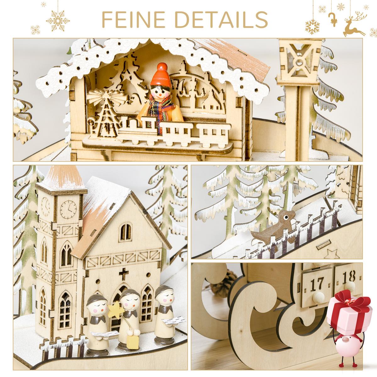 ADVENTSKALENDER Weihnachtskalender 24 Schubladen mit LED Schlitten-From - Naturfarben, Holz (10/31/45cm) - HOMCOM