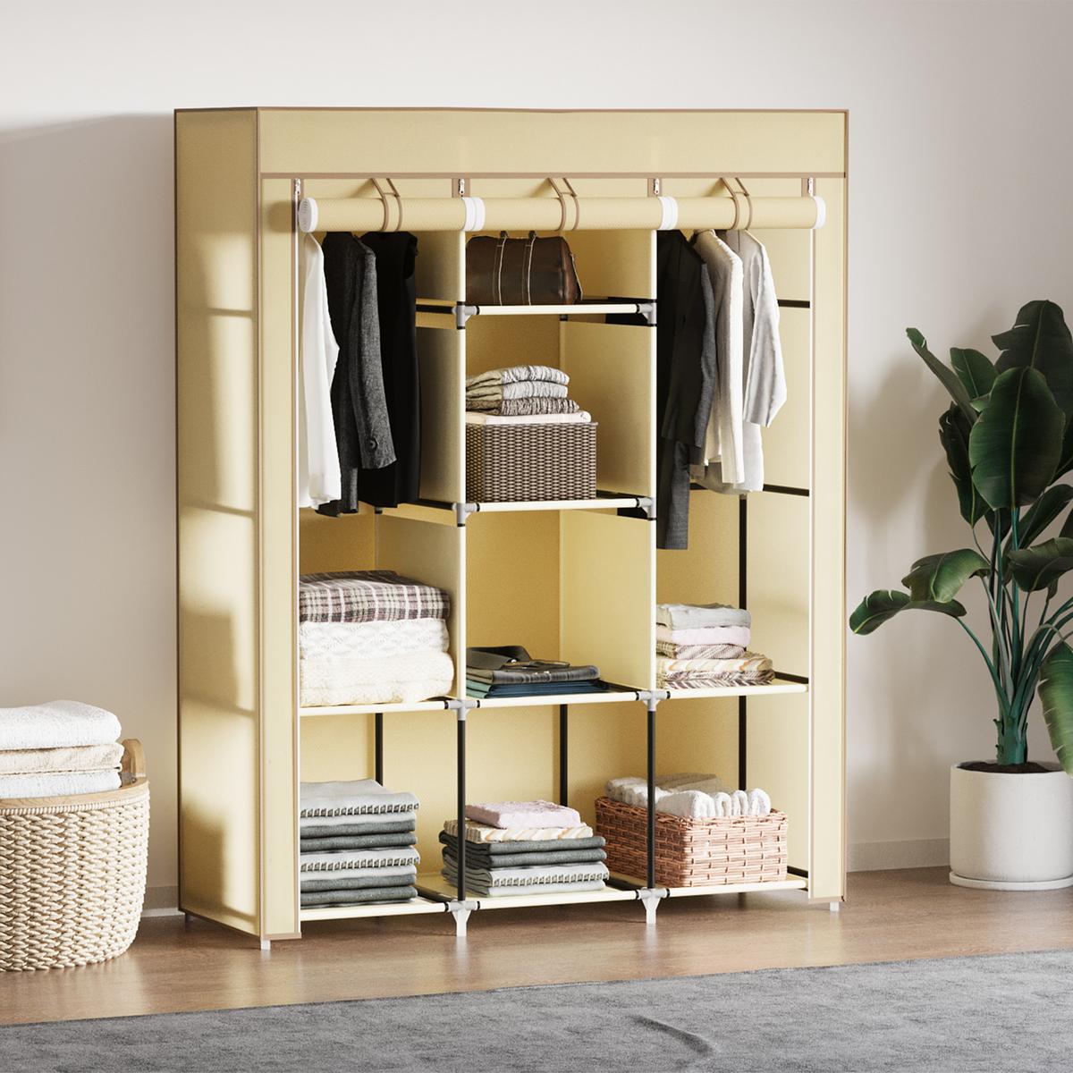 STOFFSCHRANK, Faltschrank, Kleiderschrank mit Kleiderstangen, 8 Ebenen Beige - Beige, Metall (43/162.5/125cm) - HOMCOM