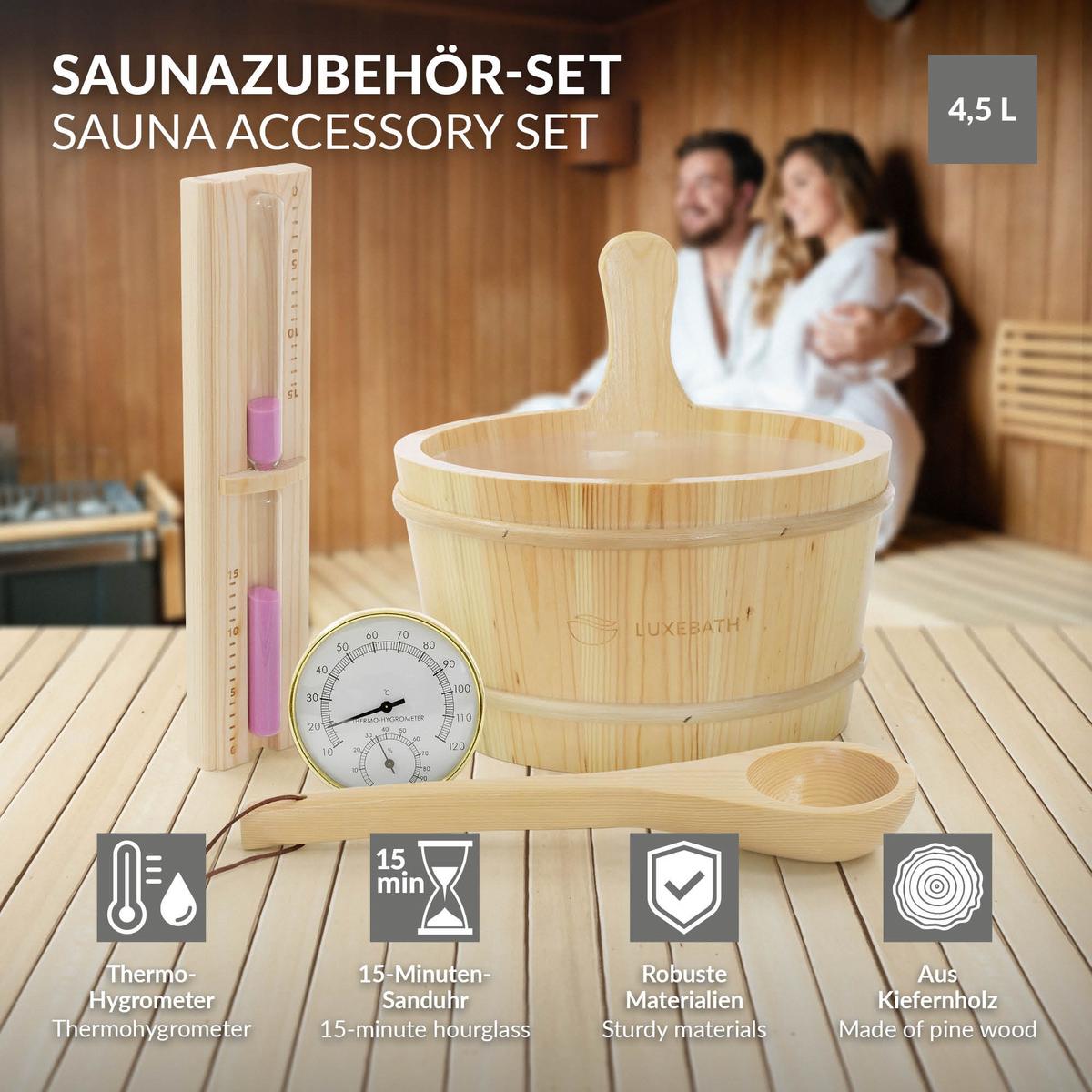 SAUNAZUBEHÖR-SET 4-teilig aus Kiefernholz - Naturfarben, Holz (27/30/37cm) - LuxeBath