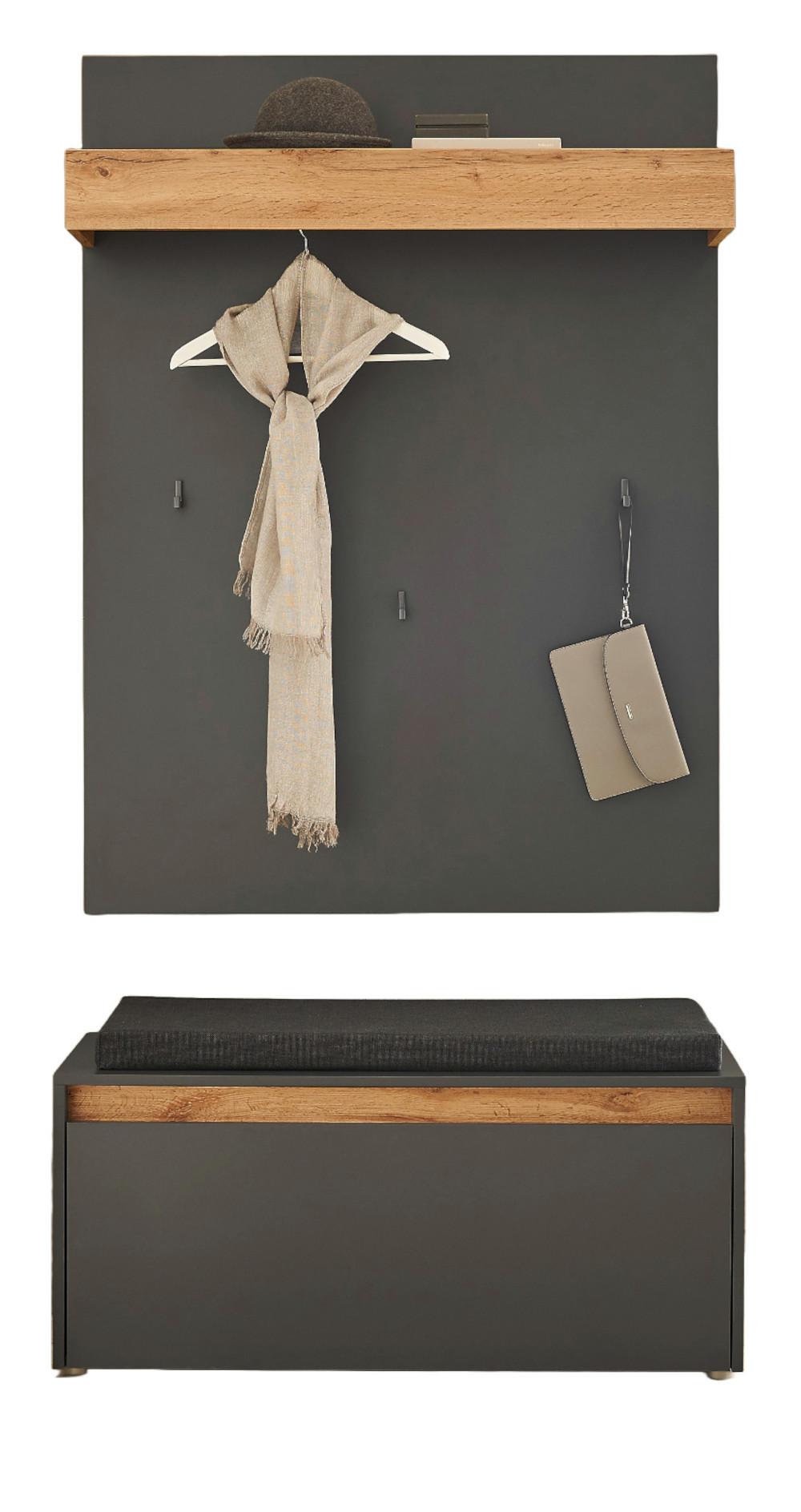 GARDEROBEN-SET 3-teilig grau matt, Eiche Wotan 100 cm, Flurgarderobe inklusive Sitzkissen - Eiche Wotan/Silberfarben, Holzwerkstoff/Kunststoff (100/200/40cm) - Furn.Design