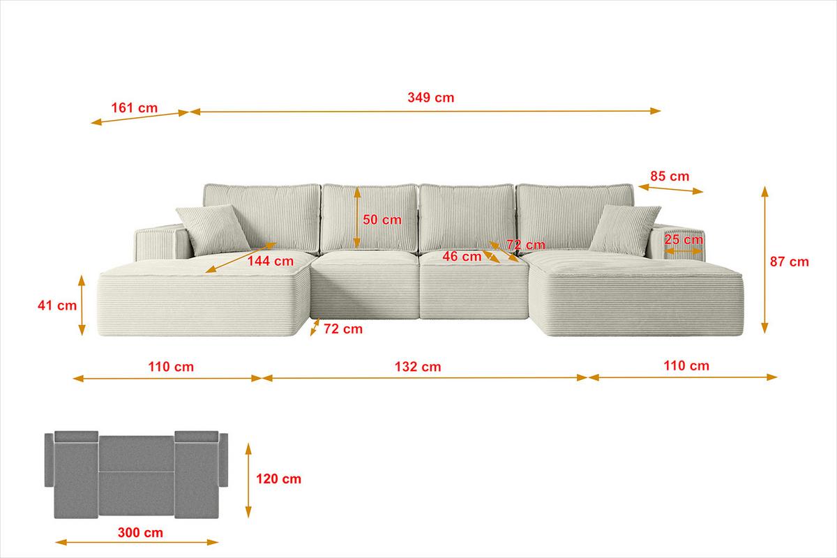 WOHNLANDSCHAFT mit Schlaffunktion und Bettkasten SIERRA-U-S - 349x161x87 cm Creme Cord - Hellgrau/Creme, Holzwerkstoff/Kunststoff (349/87/161cm) - ALTDECOR