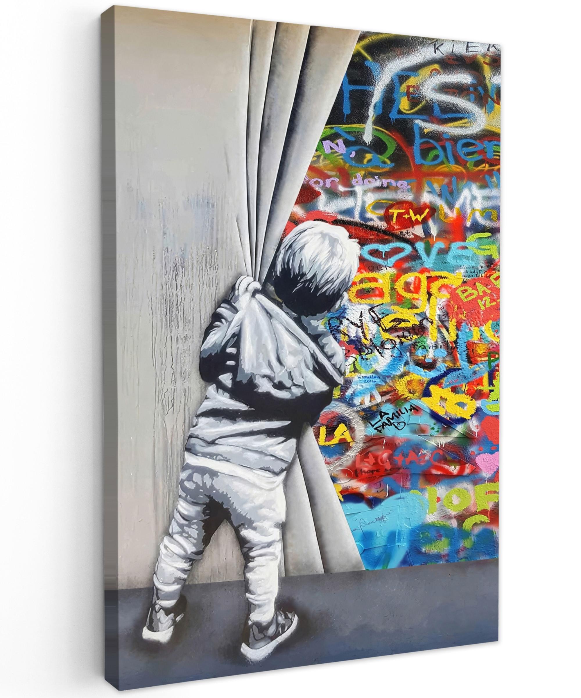 LEINWANDBILD Graffiti - Junge - Ilussie - Straßenkunst Deko Groß 90x140 cm - Hellgrau, Textil (90/140cm) - MuchoWow