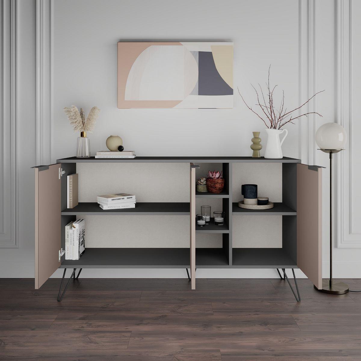 SIDEBOARD 3 Nischen und 3 Türen L142 cm - Clara - Taupe, Holzwerkstoff (35.6/83/15cm) - Calicosy