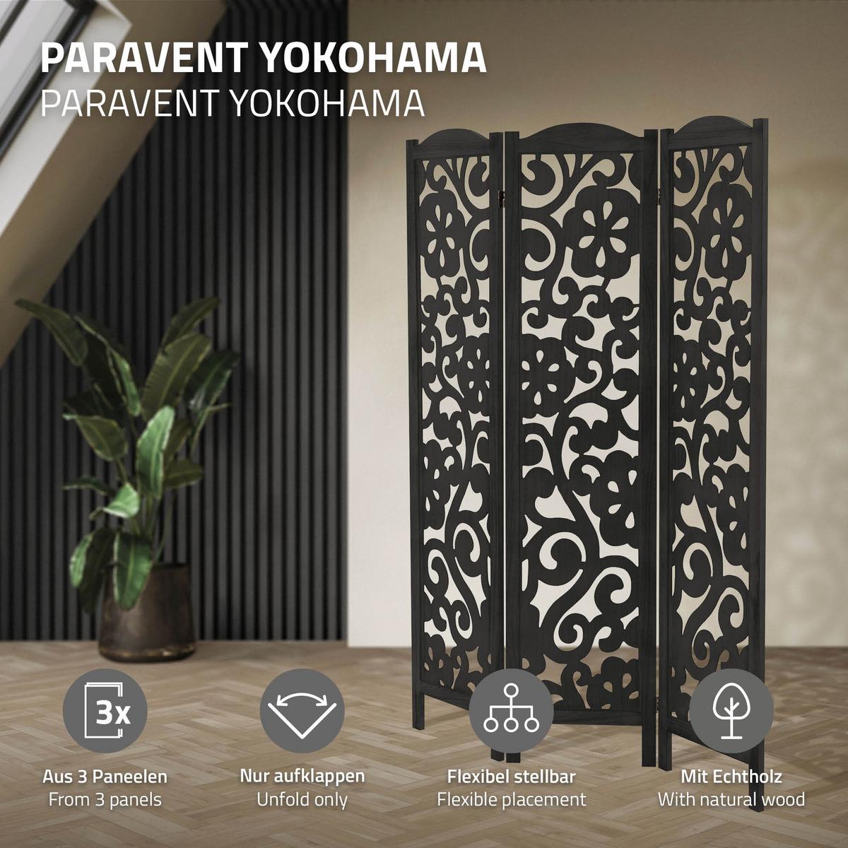 PARAVENT 3 teilig Yokohama 172x121 cm Schwarz aus Holz - Schwarz, Holz (121/172/2cm) - ML-DESIGN